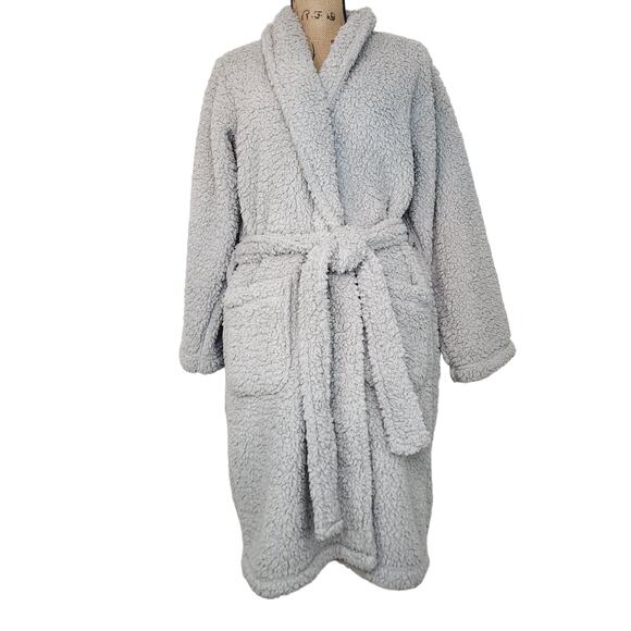 Pottery Barn Teddy Bear Sherpa Gray Blue Cozy Spa Wrap Robe Size Medium - Picture 4 of 13